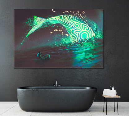 Man on Boat and Glowing Whale in Sea Canvas Print ArtLexy 1 Panel 24"x16" inches 