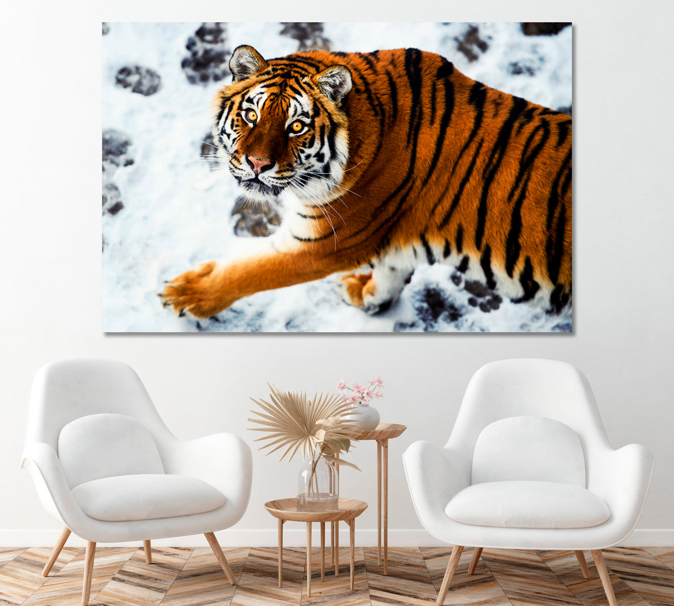 Amur Tiger with Footprints in Snow Canvas Print ArtLexy 1 Panel 24"x16" inches 