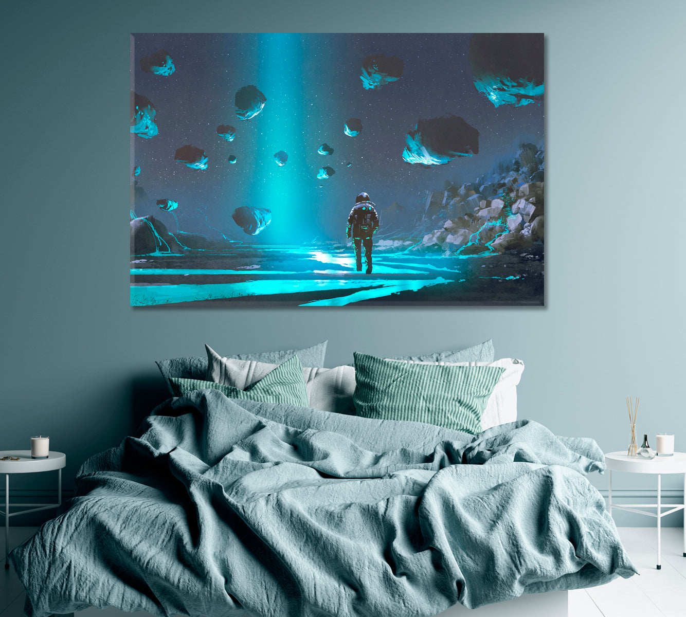 Astronaut on Alien Planet with Glowing Meteorites Canvas Print ArtLexy 1 Panel 24"x16" inches 