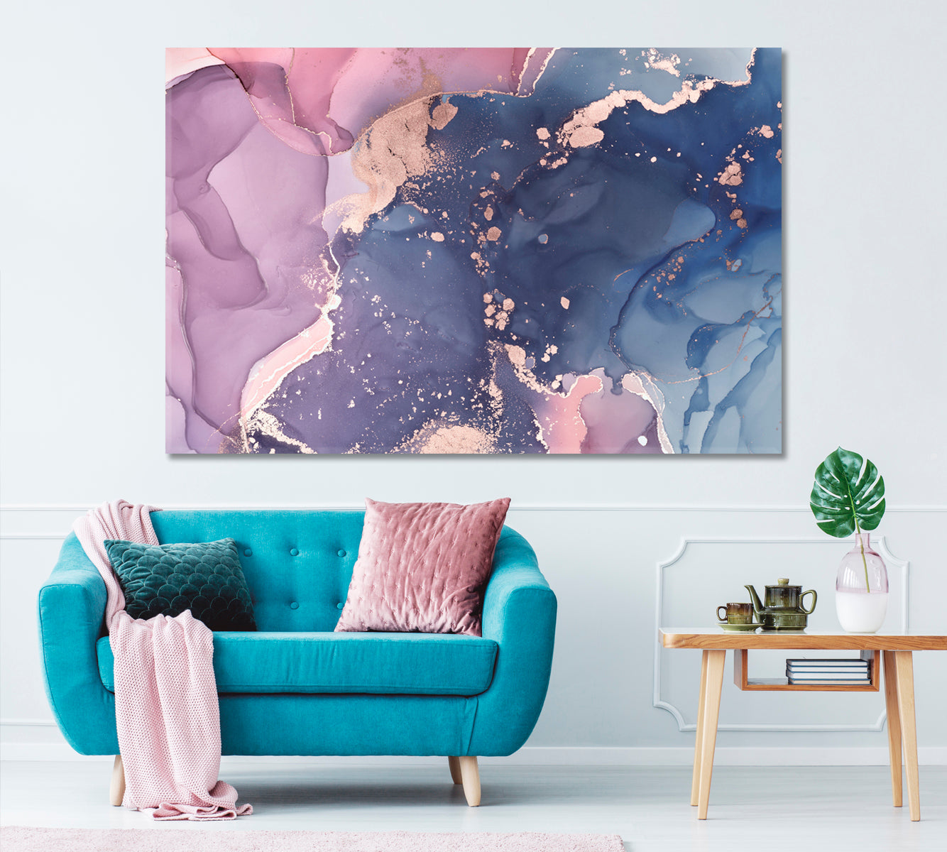 Abstract Mixed Blue & Pink Ink Pattern Canvas Print ArtLexy 1 Panel 24"x16" inches 