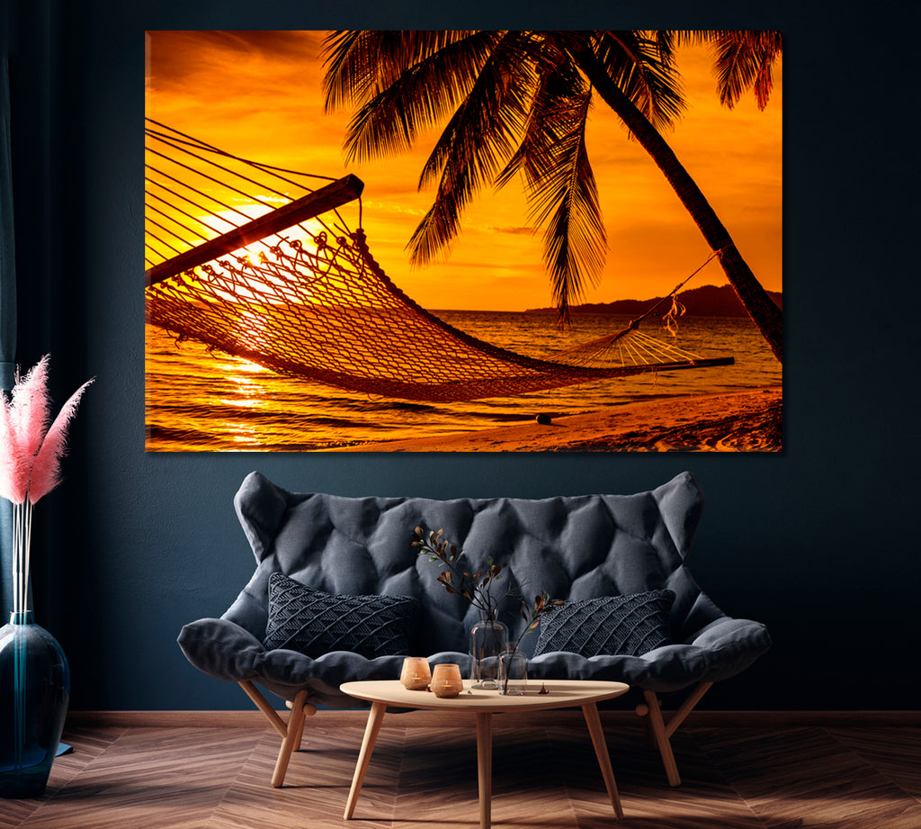 Hammock and Palm Trees on Tropical Beach at Sunset Hawaii Canvas Print ArtLexy 1 Panel 24"x16" inches 