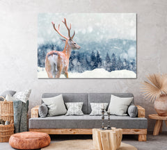 Deer in Winter Forest Canvas Print ArtLexy 1 Panel 24"x16" inches 