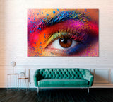 Female Eye Close-Up with Multi Colored Makeup. Holi Festival Canvas Print ArtLexy 1 Panel 24"x16" inches 