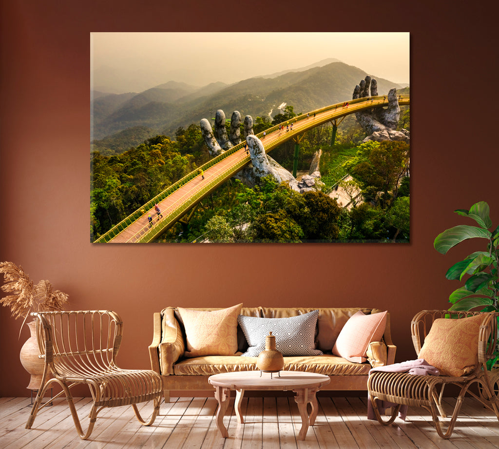 Golden Bridge with Two Giant Hands Vietnam Canvas Print ArtLexy 1 Panel 24"x16" inches 