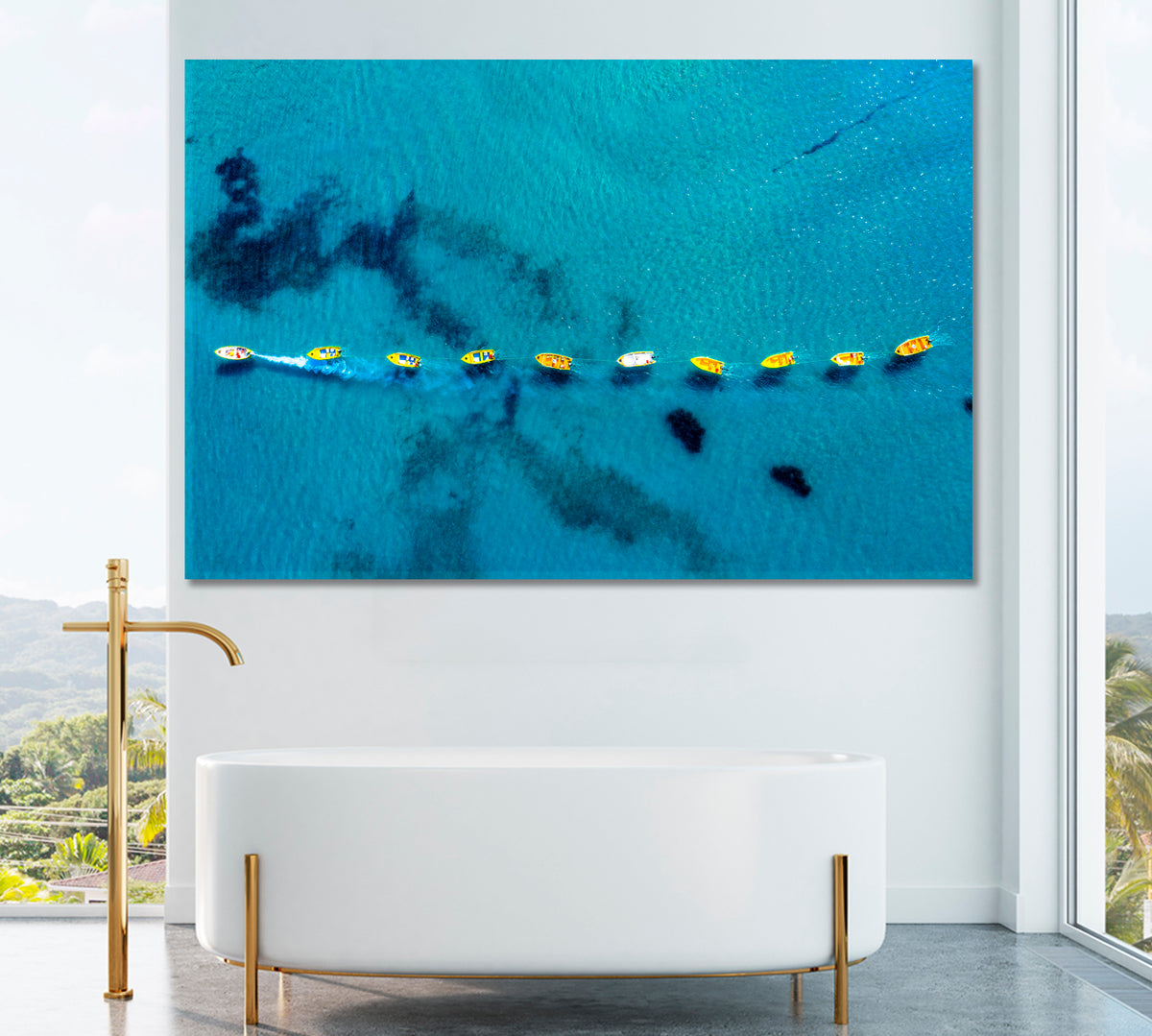 Boats in Turquoise Ocean Canvas Print ArtLexy 1 Panel 24"x16" inches 