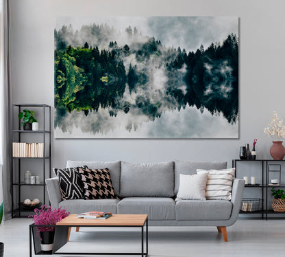 Amazing Foggy Forest Reflection in Lake Canvas Print ArtLexy 1 Panel 24"x16" inches 