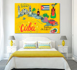 Cartoon Map of Cuba with National Color and Attractions Canvas Print ArtLexy 1 Panel 24"x16" inches 