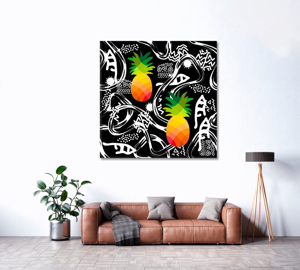 Tribal Art with Abstract Elements and Colorful Pineapples Canvas Print ArtLexy 1 Panel 12"x12" inches 
