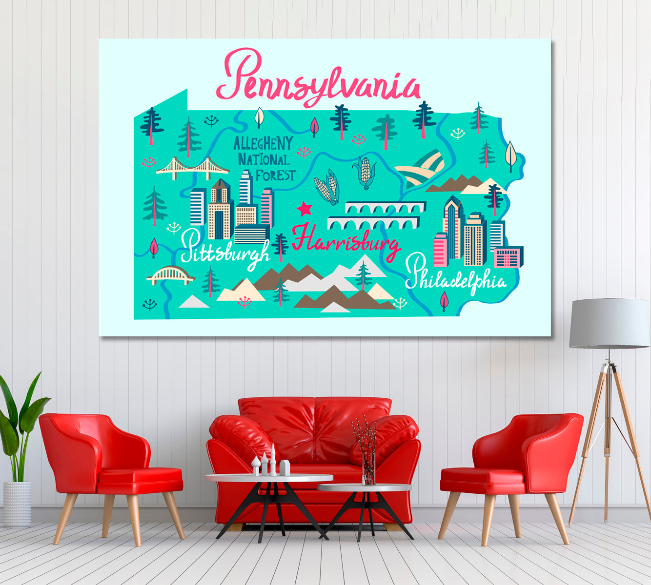 Map of Pennsylvania USA with Attractions Canvas Print ArtLexy 1 Panel 24"x16" inches 