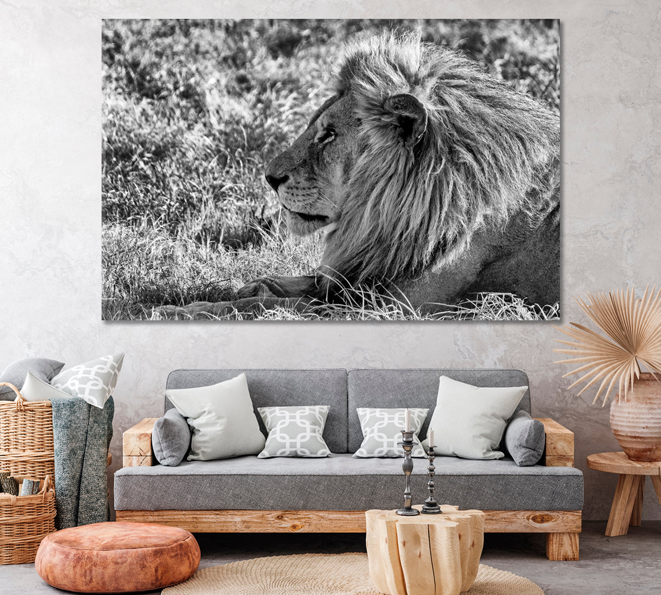 African Lion in Black and White Canvas Print ArtLexy 1 Panel 24"x16" inches 