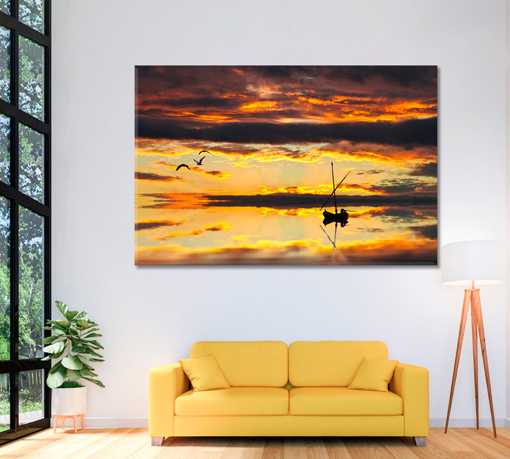 Amazing Sunset Reflection with Fishing Boat Canvas Print ArtLexy 1 Panel 24"x16" inches 