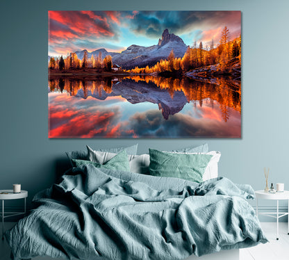 Federa Lake with Dolomites Peak Canvas Print ArtLexy 1 Panel 24"x16" inches 