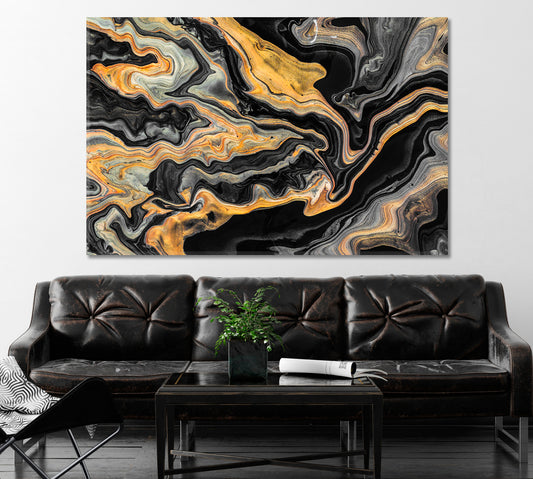 Luxury Black and Yellow Curly Marble Canvas Print ArtLexy 1 Panel 24"x16" inches 