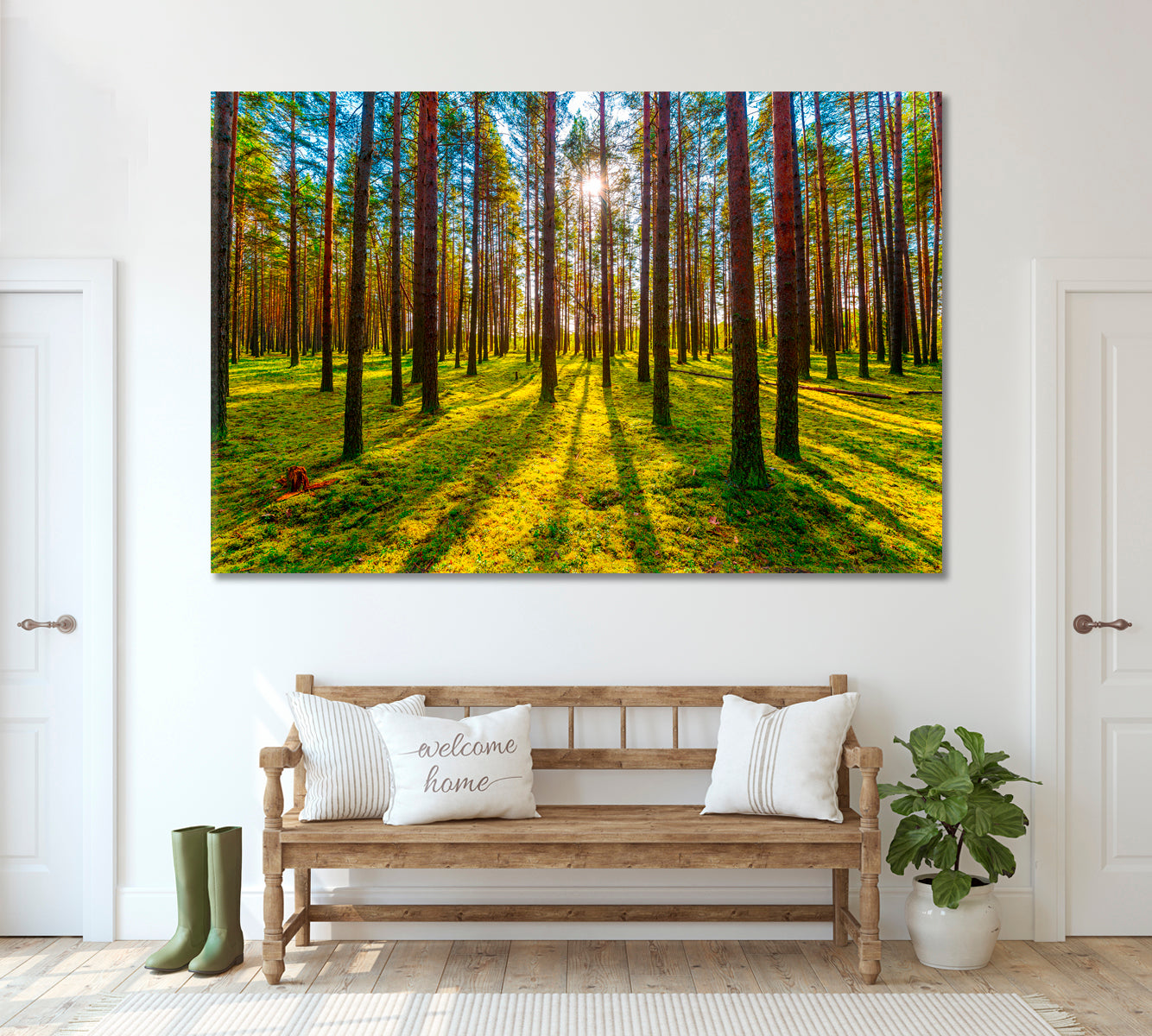 Sun Rays in Pine Forest Canvas Print ArtLexy 1 Panel 24"x16" inches 