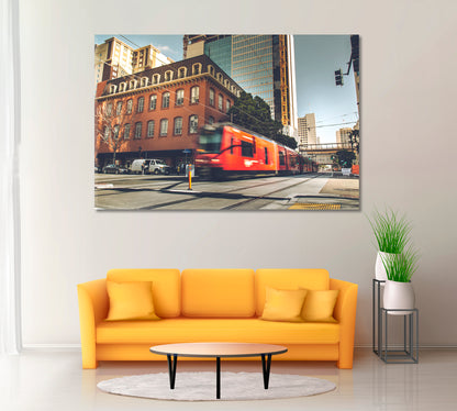 San Diego Downtown with Red Train Canvas Print ArtLexy 1 Panel 24"x16" inches 