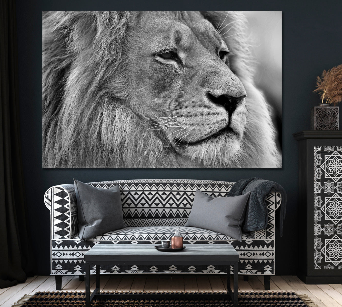 Wild Lion in Black and White Canvas Print ArtLexy 1 Panel 24"x16" inches 