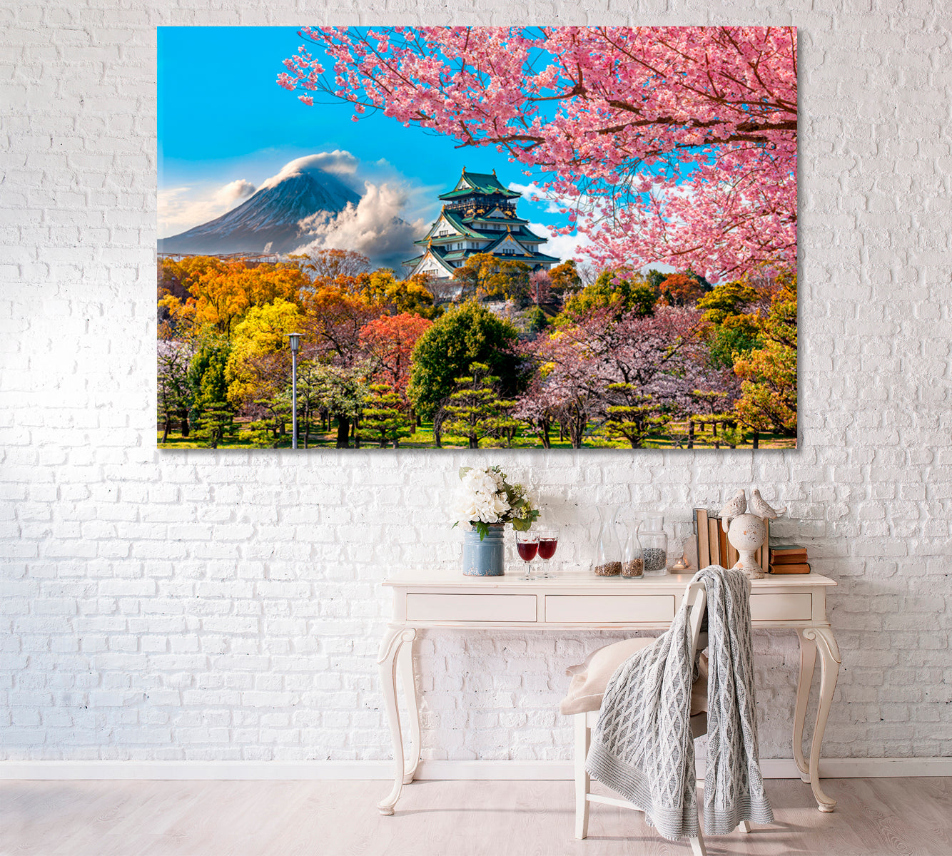 Osaka Castle with Fuji Mountain Japan Canvas Print ArtLexy 1 Panel 24"x16" inches 