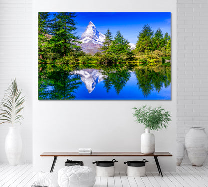 Matterhorn Mountain with Trees Reflection on Lake Switzerland Canvas Print ArtLexy 1 Panel 24"x16" inches 