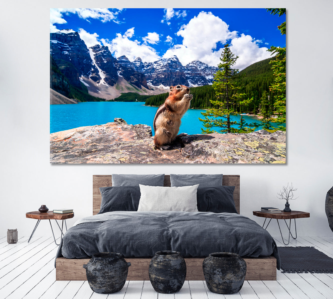 Moraine Lake with Ground Squirrel in Banff National Park Canvas Print ArtLexy 1 Panel 24"x16" inches 