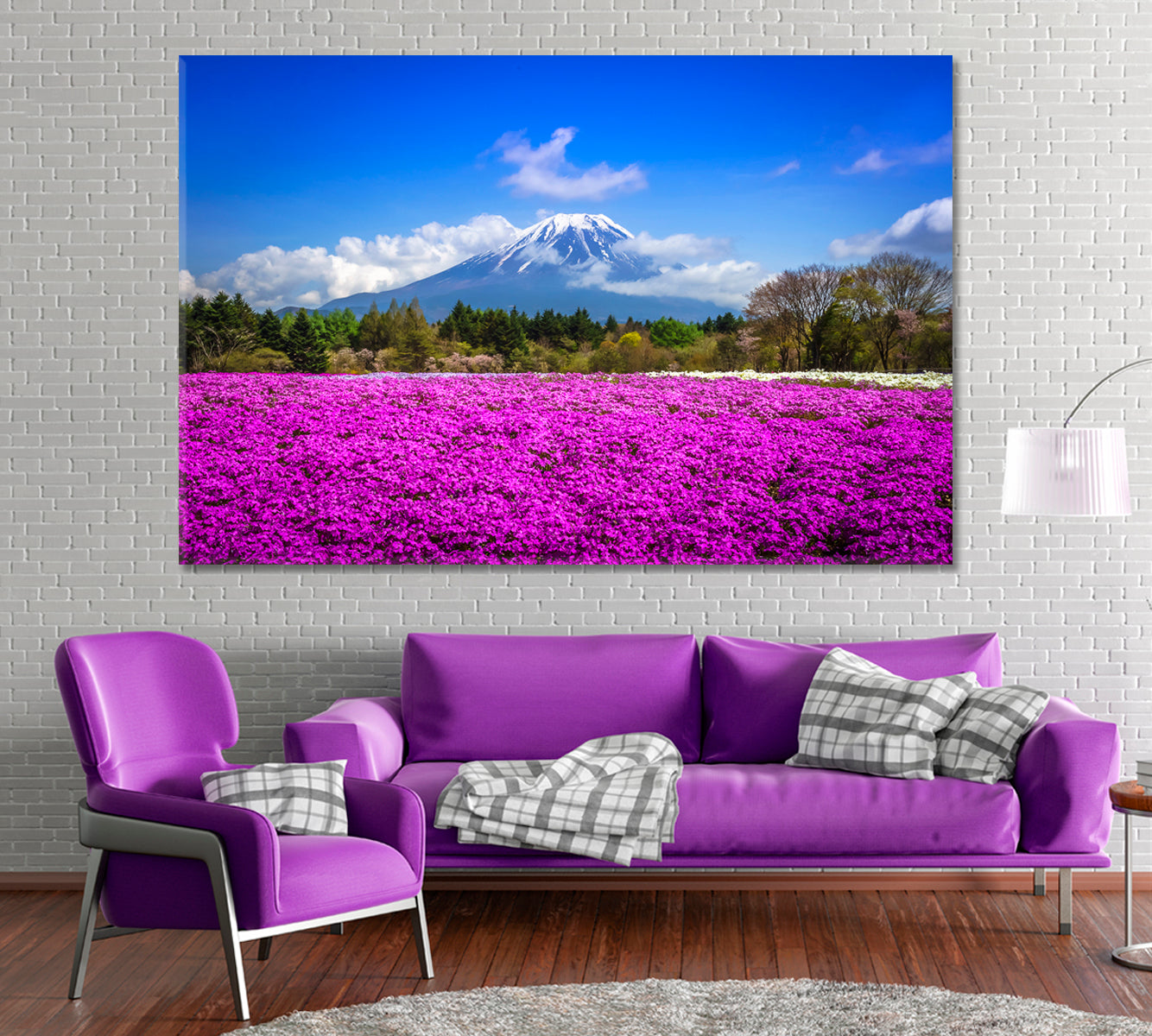 Mount Fuji with Fields of Pink Shiba Sakura Japan Canvas Print ArtLexy 1 Panel 24"x16" inches 