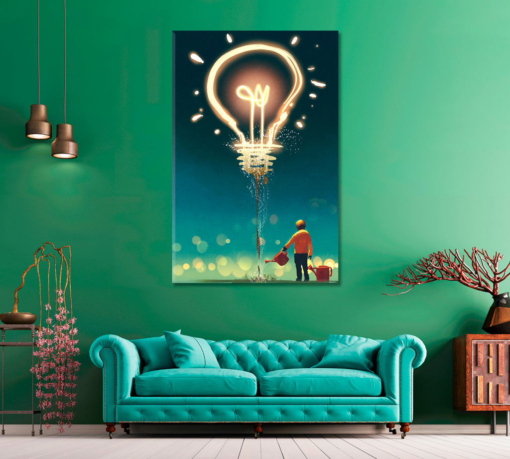 Child Watering Big Light Bulb Canvas Print ArtLexy 1 Panel 16"x24" inches 