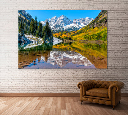Maroon Bells and Maroon Lake in Autumn Aspen Colorado Canvas Print ArtLexy 1 Panel 24"x16" inches 