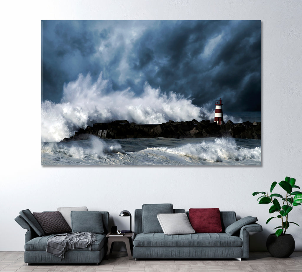 Storm Waves over Lighthouse Povoa do Varzim Portugal Canvas Print ArtLexy 1 Panel 24"x16" inches 