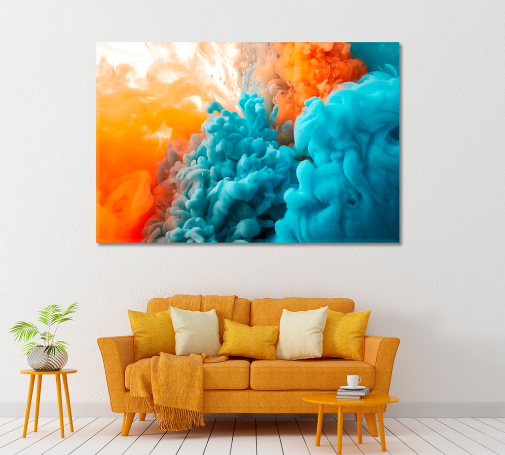 Blue and Orange Ink in Water Canvas Print ArtLexy 1 Panel 24"x16" inches 