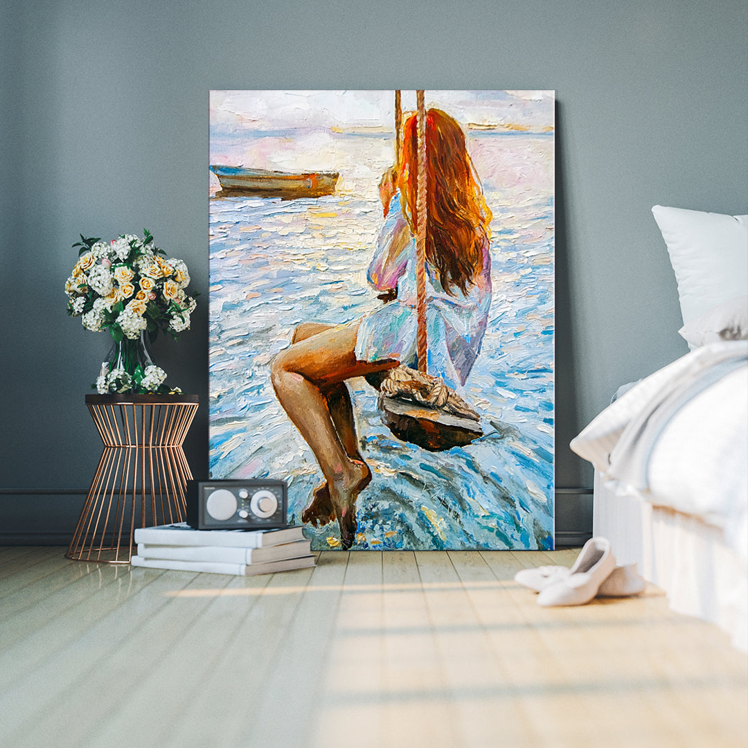 Girl on Swing by Ocean Canvas Print ArtLexy 1 Panel 16"x24" inches 