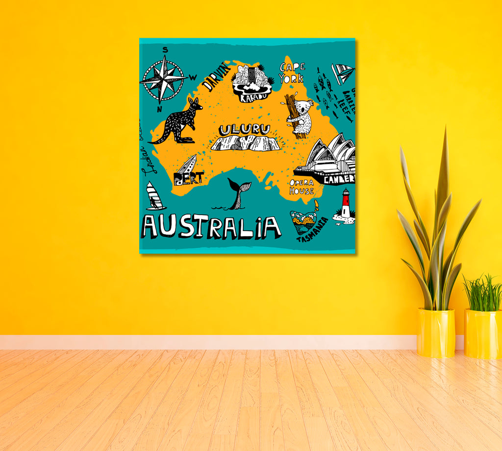 Illustrated Map of Australia Canvas Print ArtLexy   