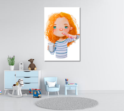 Cute Girl Brushes Teeth Canvas Print ArtLexy   
