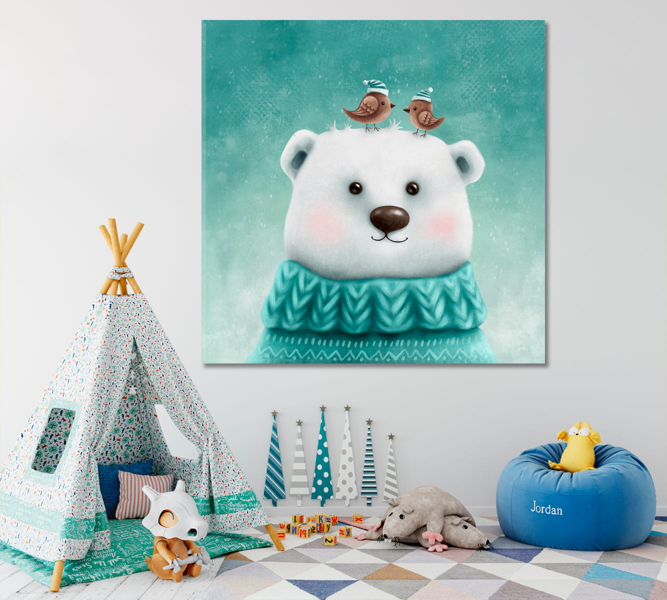 Little White Teddy Bear in a Sweater Canvas Print ArtLexy 1 Panel 12"x12" inches 