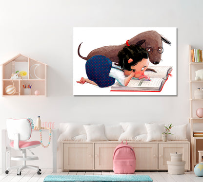 Little Girl with her Dog Reading Book Canvas Print ArtLexy   