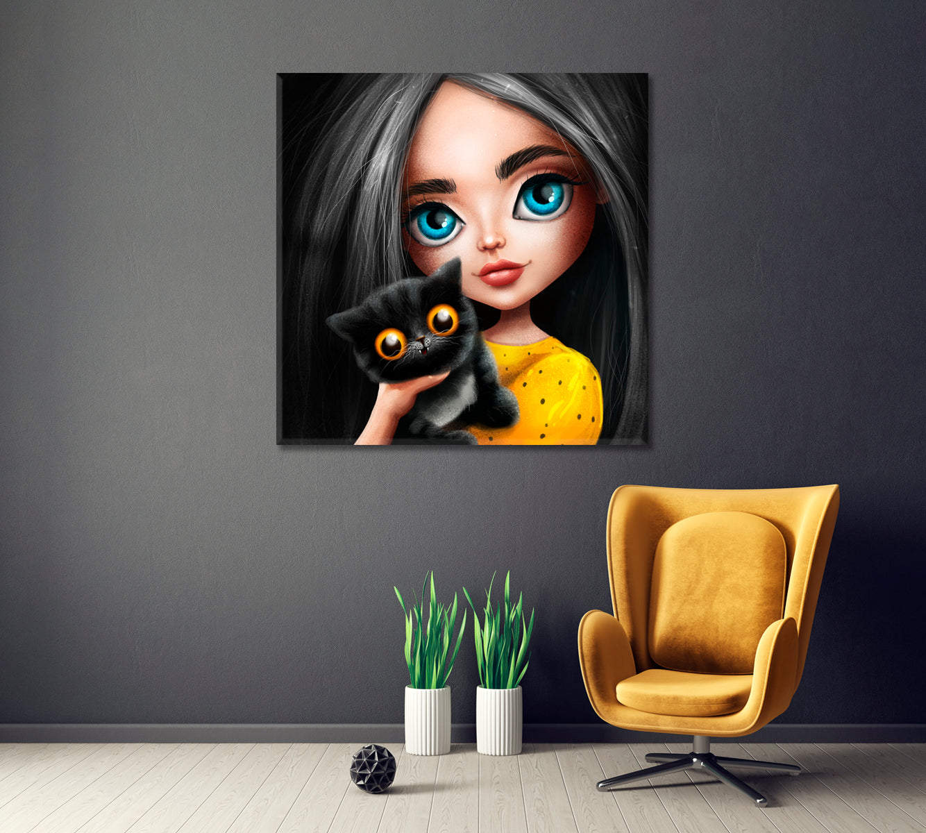 Girl with Black Cat Canvas Print ArtLexy 1 Panel 12"x12" inches 