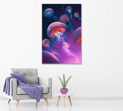 Fantasy Jellyfish and Diver Underwater Canvas Print ArtLexy   