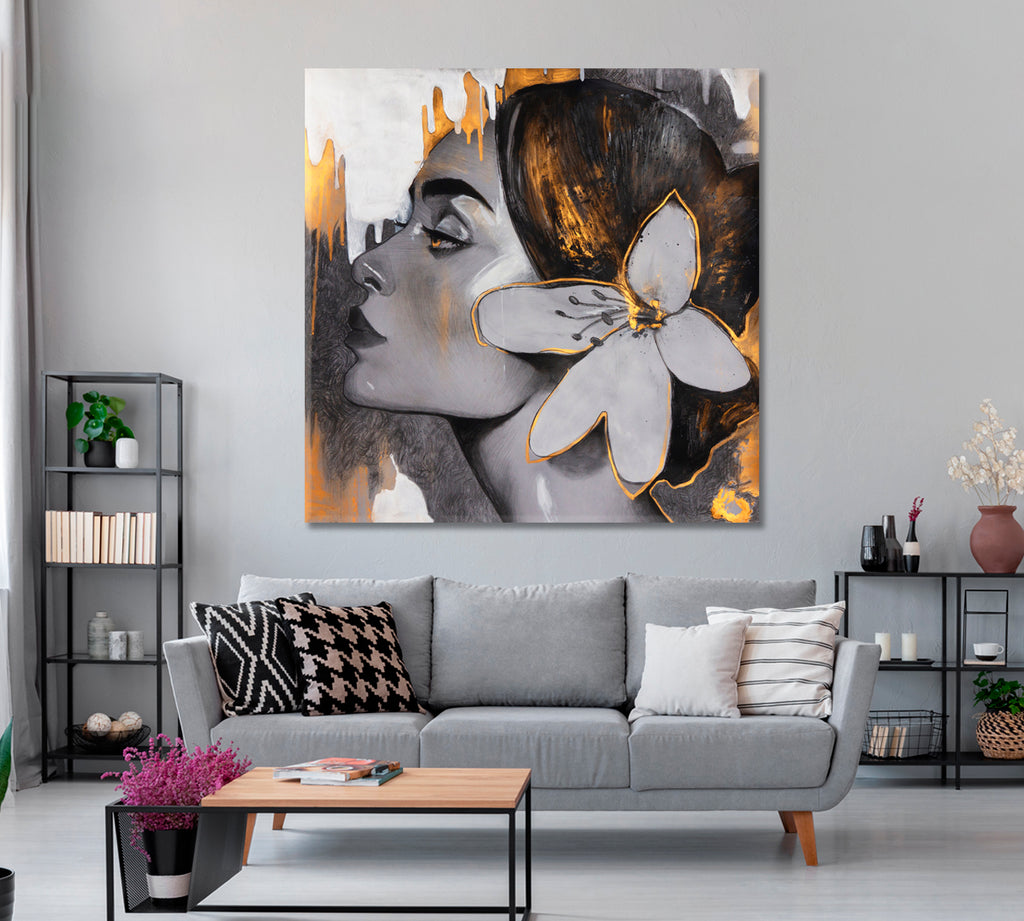 Beautiful Woman Portrait in Gold and Gray Canvas Print ArtLexy   