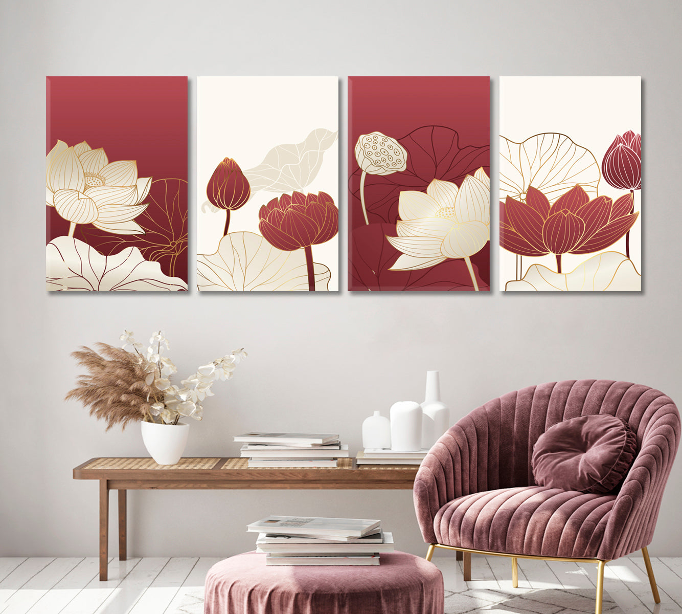 Set of 4 Vertical Modern Gold Lotus Flower Canvas Print ArtLexy 4 Panels 64”x24” inches 