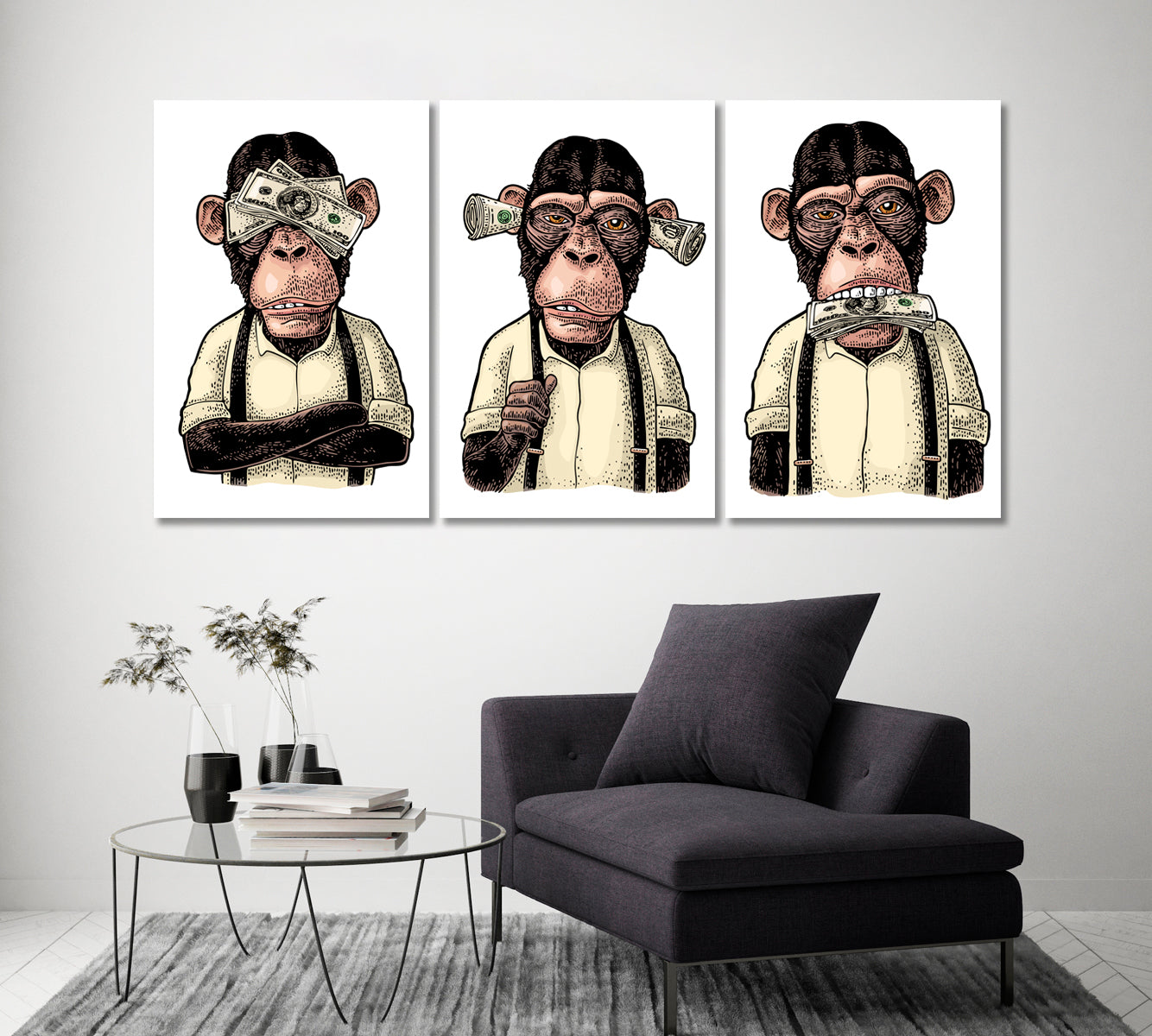 Set of 3 Three Wise Monkeys. Not see, Not Hear, Not Speak Canvas Print ArtLexy   