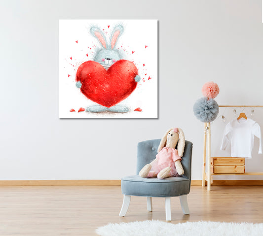 Cute Rabbit With Big Red Heart Canvas Print ArtLexy 1 Panel 12"x12" inches 