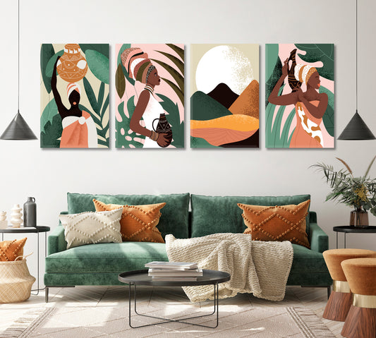 Set of 4 Vertical African Woman Canvas Print ArtLexy 4 Panels 64”x24” inches 