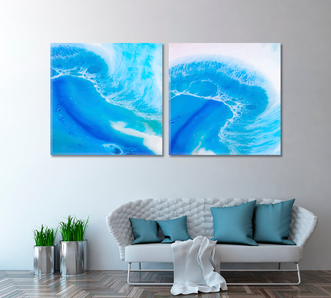 Set of 2 Squares Abstract Blue and White Swirls Canvas Print ArtLexy   
