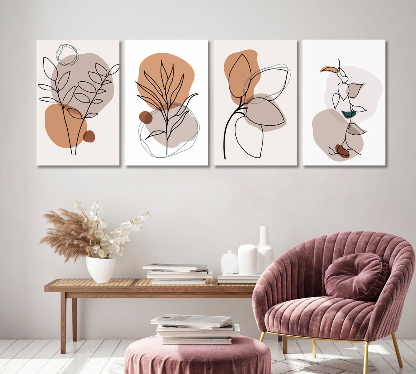 Set of 4 Vertical Abstract Boho Line Leaves Canvas Print ArtLexy   