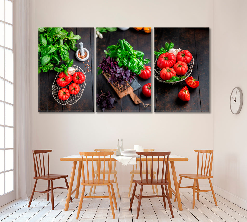 Set of 3 Bunches of Basil and Juicy Tomatoes Canvas Print ArtLexy   