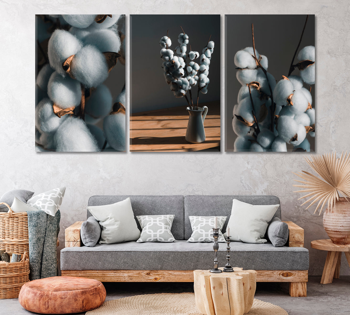 Set of 3 Cotton Flower Bouquet Canvas Print ArtLexy 3 Panels 48”x24” inches 