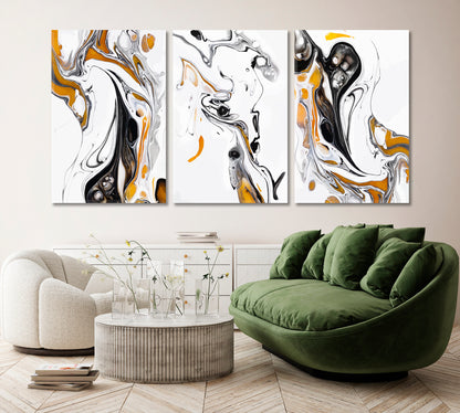 Set of 3 Abstract Fluid White & Yellow Marble Canvas Print ArtLexy   