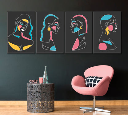 Set of 4 Vertical Abstract Minimalist Women Portraits Canvas Print ArtLexy 4 Panels 64”x24” inches 