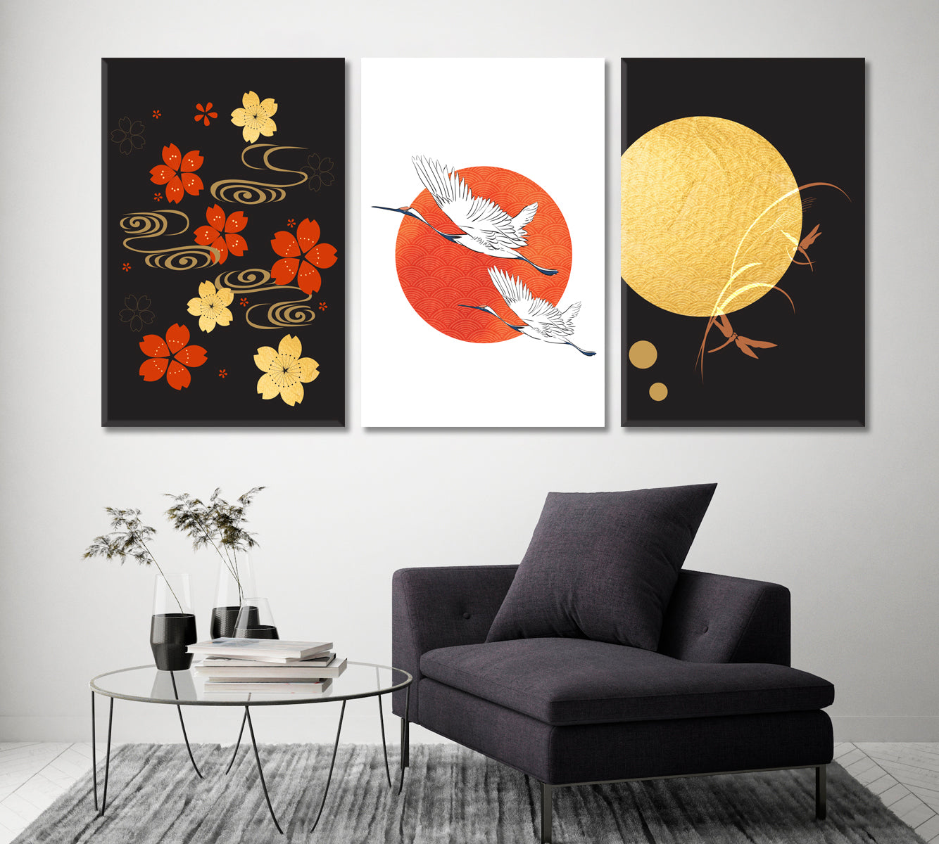 Set of 3 Traditional Japanese Pattern with Cranes Canvas Print ArtLexy   