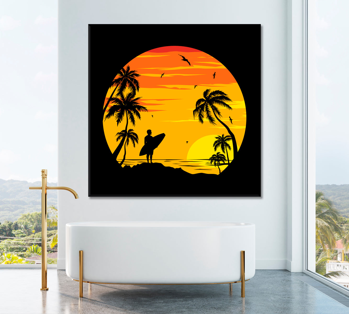 Surfer Silhouette at Sunset Canvas Print ArtLexy 1 Panel 12"x12" inches 
