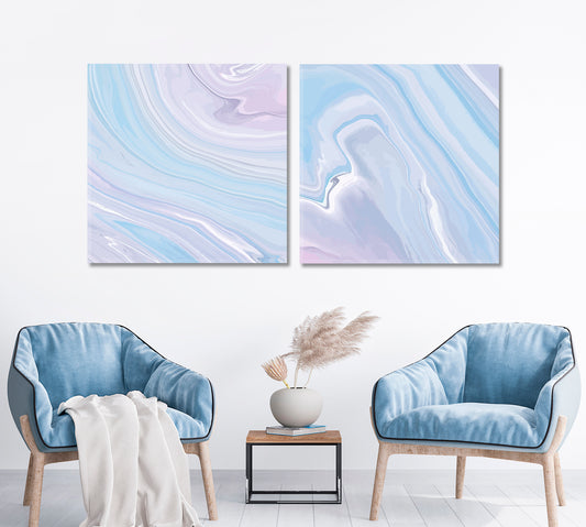 Set of 2 Squares Elegant Blue and Pink Waves and Swirls Canvas Print ArtLexy 2 Panels 24”x12” inches 