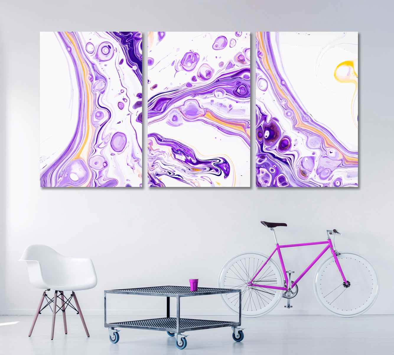 Set of 3 Abstract Purple & White Ink Bubbles Canvas Print ArtLexy 3 Panels 48”x24” inches 